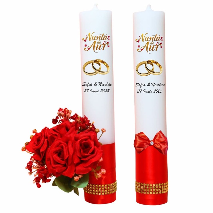 Set Lumanari, Nunta de Aur, 2 Bucati, Rosu, 35 cm, LNAU004