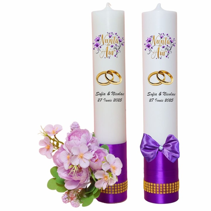 Set Lumanari, Nunta de Aur, 2 Bucati, Mov, 35 cm, LNAU012