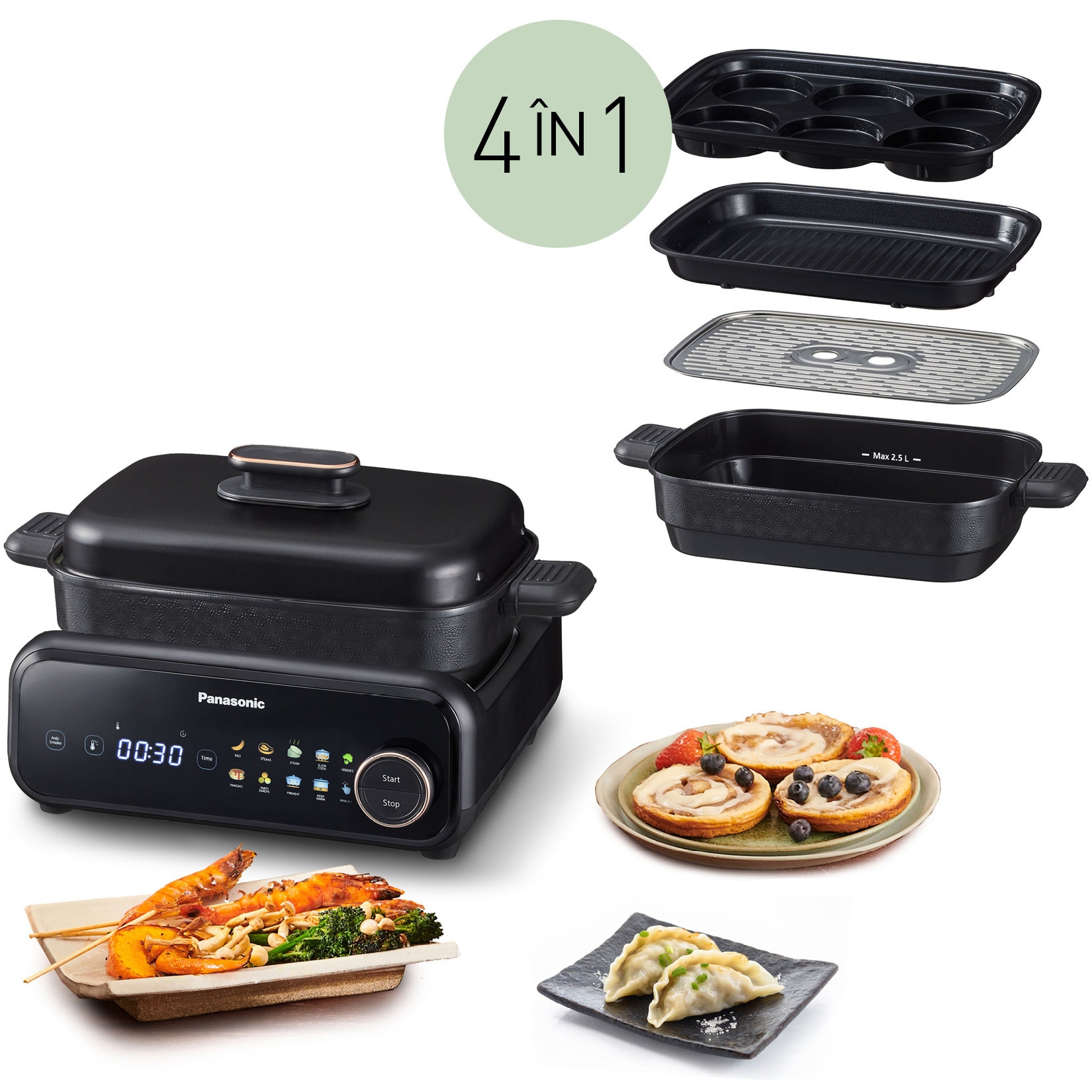 Grill multifunctional 4 in 1 Panasonic NF-GM400KXE, 1524W, 40°C–250°C, 9 programe, 4 vase, peste 80 retete, extractor de fum cu filtrare prin apa, negru