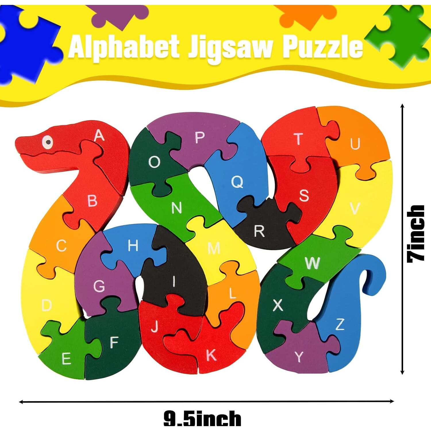Puzzle educational din lemn, set alfabet si numere, forma de sarpe
