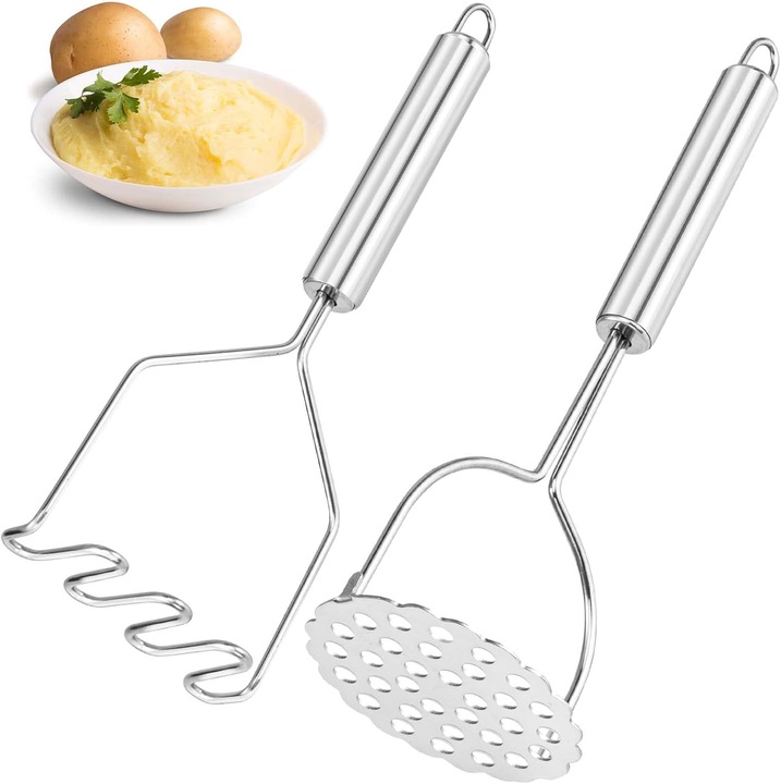 Set 2 prese de cartofi din otel inoxidabil, design ergonomic, pentru piureuri de legume si fructe