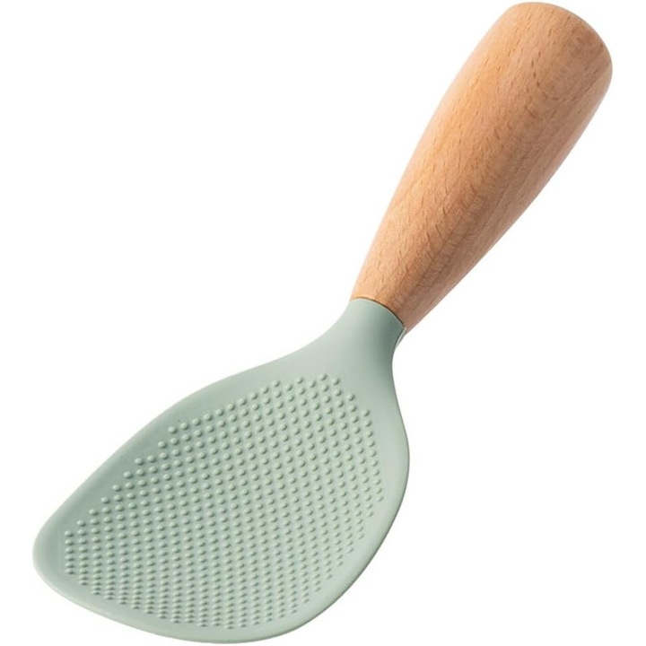Lingura pentru orez cu suport vertical MIHX-72908960, silicon termorezistent cu maner din lemn, verde menta/natural