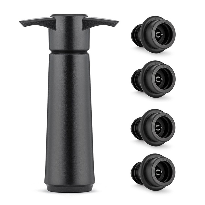 Pompa de vacuum pentru vin cu 4 dopuri, set pentru pastrarea vinului proaspat, negru, 7x12.5cm