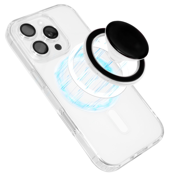 Комплект от 2 части: Прозрачен калъф MagSafe + магнитен PopSockets черен за iPhone 13 и 14 - TPU магнитен калъф, тънък дизайн, съвместим с безжично зареждане, прозрачно-черен