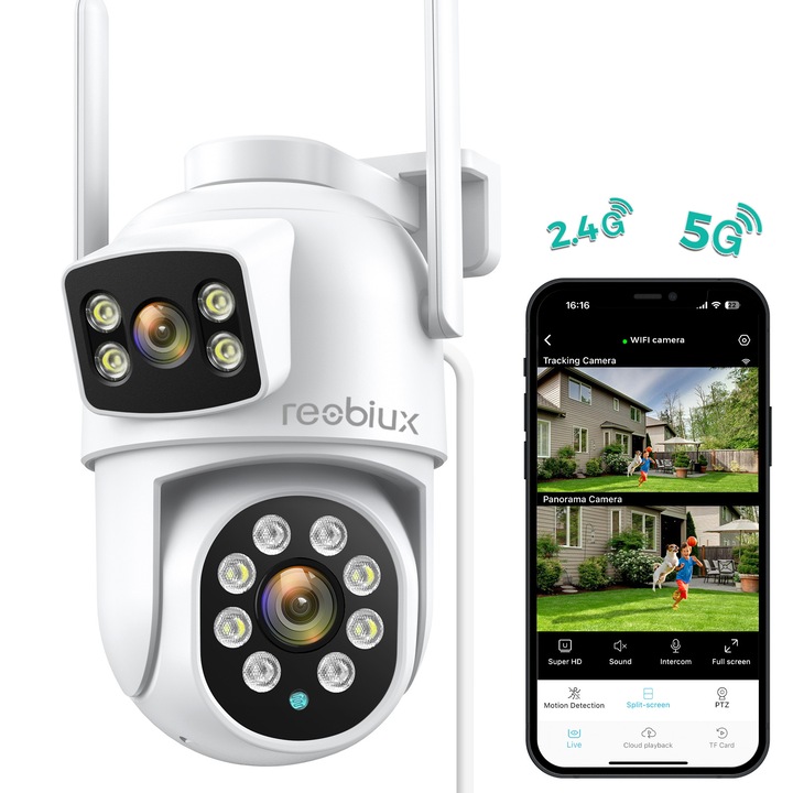 Камера за наблюдение 12MP WIFI Външна, UltraHD 4K, Свързване с Телефон / PC, Двойна Леща, Двупосочно Аудио, Цветно Нощно Виждане, Аларма, Автоматично Проследяване, Водоустойчива, Бяла