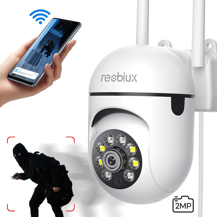Reobiux vezeték nélküli megfigyelő kamera, kültéri/beltéri, okos, IP WiFi 5Ghz 2.4Ghz, forgatható, telefonos / PC csatlakozás, színes és infravörös éjszakai látás, riasztó, automatikus követés, fehér