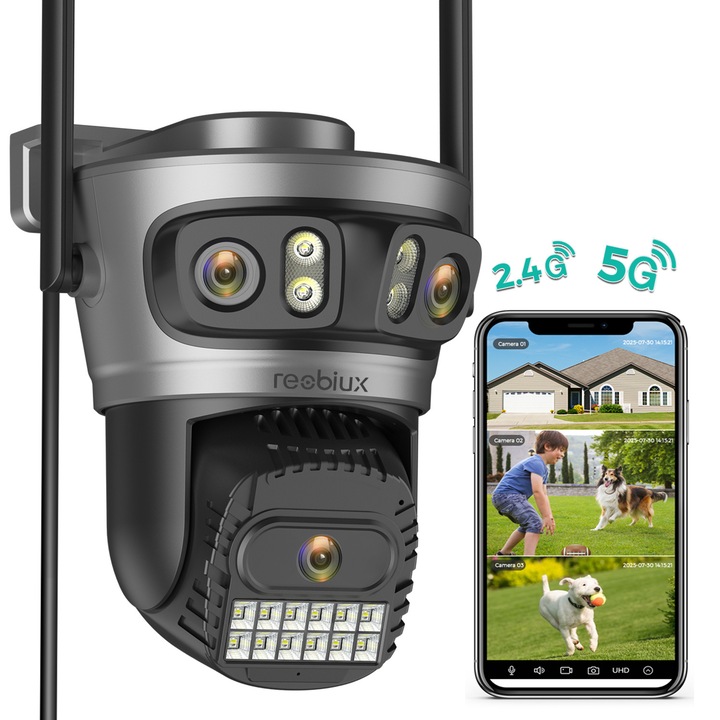 Камера за видеонаблюдение безжична Reobiux, 27MP Външна/Вътрешна ротационна, AI автоматично проследяване, WiFi 5Ghz 2.4Ghz, безжична и Bluetooth функция, цветно нощно виждане, 5X увеличение, въртене, черни LED светлини