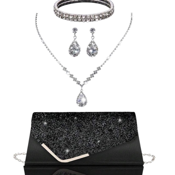 Elegáns szett, amely fekete táskából és ékszerből, nyakláncból, fülbevalóból, karkötőből és ezüstből áll.