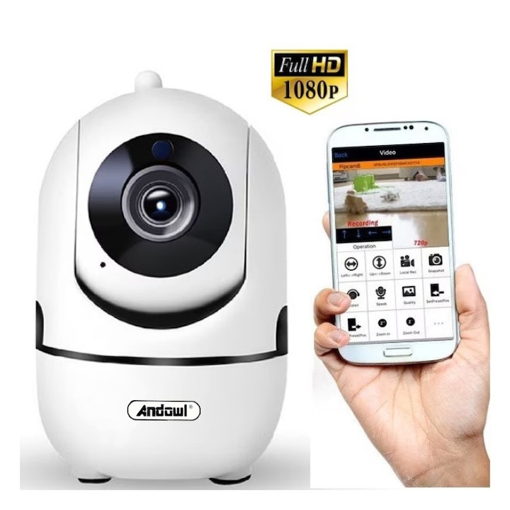 ANDOWL IP WIFI megfigyelő kamera, Full HD 2MP, Éjjellátó, Telefon / PC csatlakozás, Automatikus forgatás, 1920*1080 felbontás, Mozgásérzékelő, Fehér