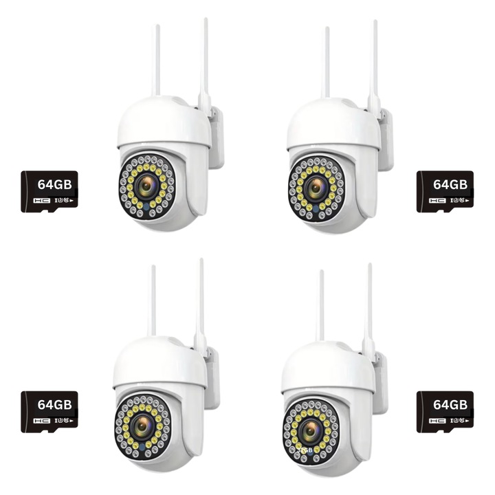 Pachet 4 x Camera de Supraveghere, 28 LED-uri, WiFi, HD, IP66, 4 Carduri 64GB Incluse