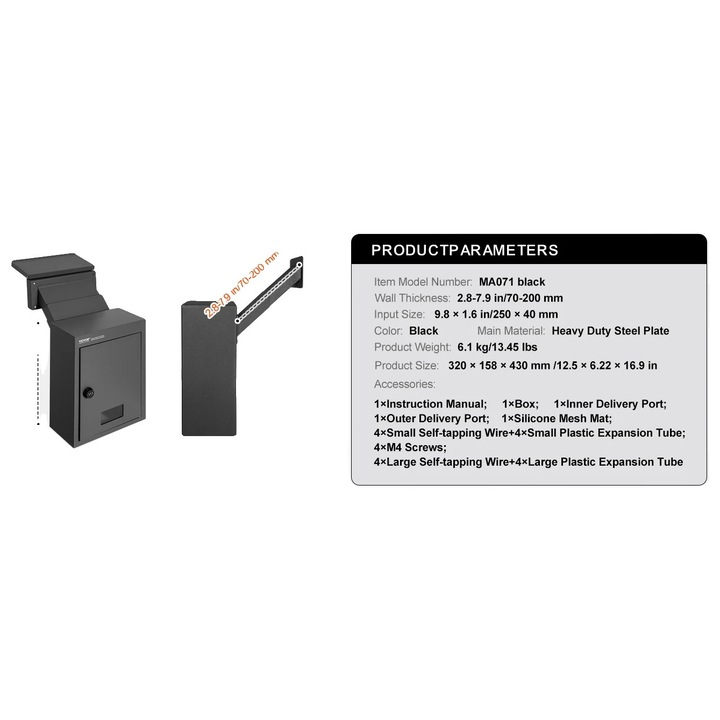 Postaláda, tartós acél, számzáras, fekete, 320x158x430 mm