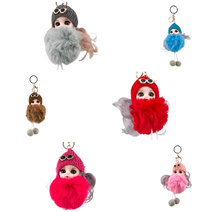 Plüss kulcstartó, amely egy kalapos és szemüveges kislányt ábrázol. 7x18 cm