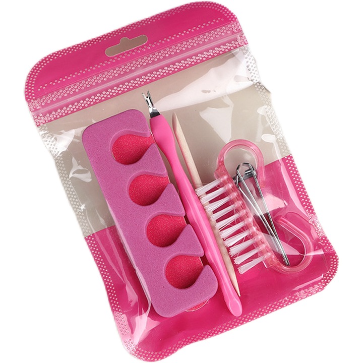 Set de scule pentru unghii din 6 piese Pila de unghii din otel inoxidabil impingator de piele moarta din lemn mic Perie de unghii Taietor de unghii pentru manichiura si ingrijirea picioarelor