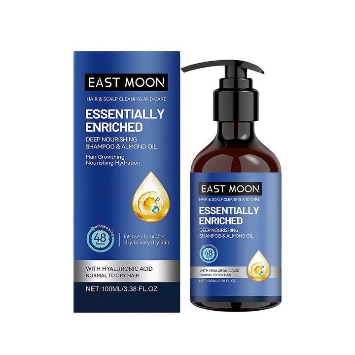 Sampon pentru par, east moon, Acid Hialuronic, Ingrijire adanca cu Ulei de Migdale, Set 2 bucati, Curatare scalp, Controlul uleiului