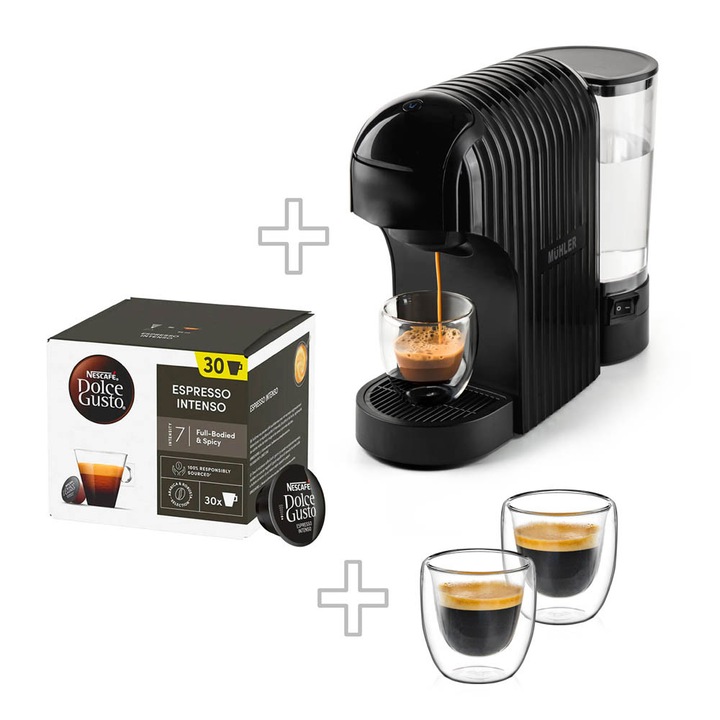 Set Espressor 3in1 Muhler MCM-601, 2 cesti espresso Luigi Ferrero Coffeina 80ml si 30 capsule Dolce Gusto, Negru
