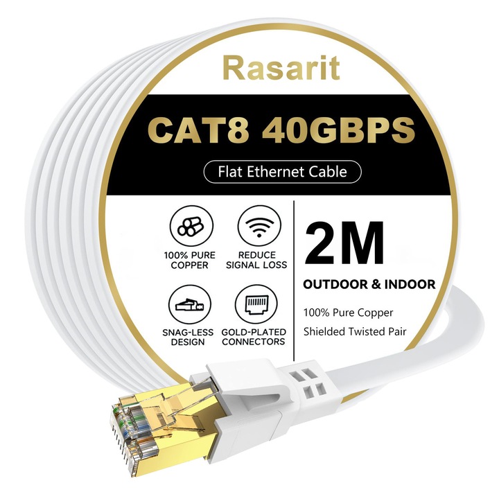 Cablul Ethernet Cat 8, 2 m, 40 Gbps, 2000 MHz, cablu Cat8 plat de mare viteza, patch cord cu conector RJ45 placat cu aur, cablu LAN alb pentru internet, pentru router/jocuri/calculator, S/FTP