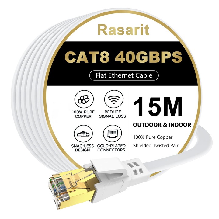 Cablul Ethernet Cat 8, 15 m, 40 Gbps, 2000 MHz, cablu Cat8 plat de mare viteza, patch cord cu conector RJ45 placat cu aur, cablu LAN alb pentru internet, pentru router/jocuri/calculator, S/FTP