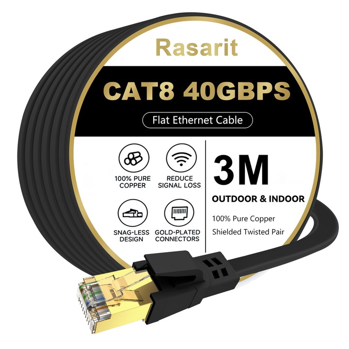 Cablul Ethernet Cat 8, 3 m, 40 Gbps, 2000 MHz, cablu Cat8 plat de mare viteza, patch cord cu conector RJ45 placat cu aur, cablu LAN negru pentru internet, pentru router/jocuri/calculator, S/FTP