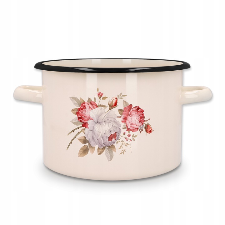 Oala emaliata, Kuketo, 2L decor Rose din otel carbon sigur pentru sanatate, nu elibereaza substante nocive si este rezistenta la socuri termice, potrivita pentru orice tip de aragaz inclusiv inductie