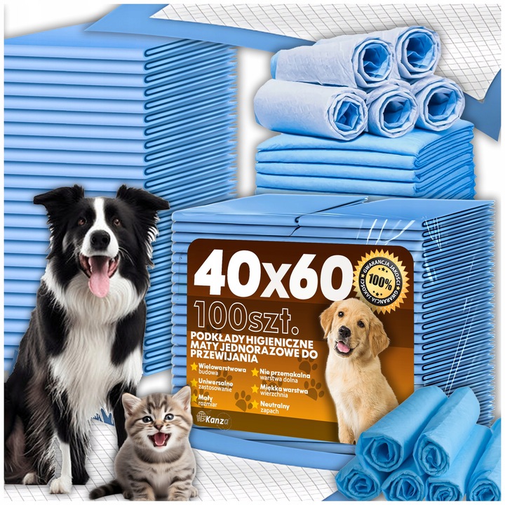 Set Protectii Igienice Pentru Caini, Kanza, Super Absorbante, Constructie In 5 Straturi, Sigur Pentru Piele, Rezistente La Rupere, 40 x 60 cm, Albastru, 100 Bucati