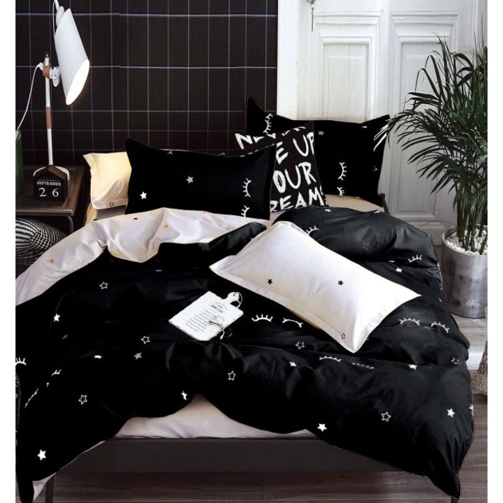 Lenjerie de Pat, Bumbac Satinat, 7 Piese, 1 Persoana, 225x250cm, Imprimeu Ochisori, Alb-Negru