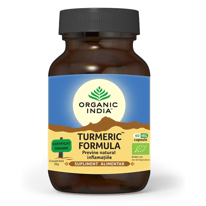 Supliment Natural ORGANIC INDIA Turmeric Formula, Antiinflamator Natural Eficient - Contine Plante 100% Certificate Organic, 60 caps, BIO