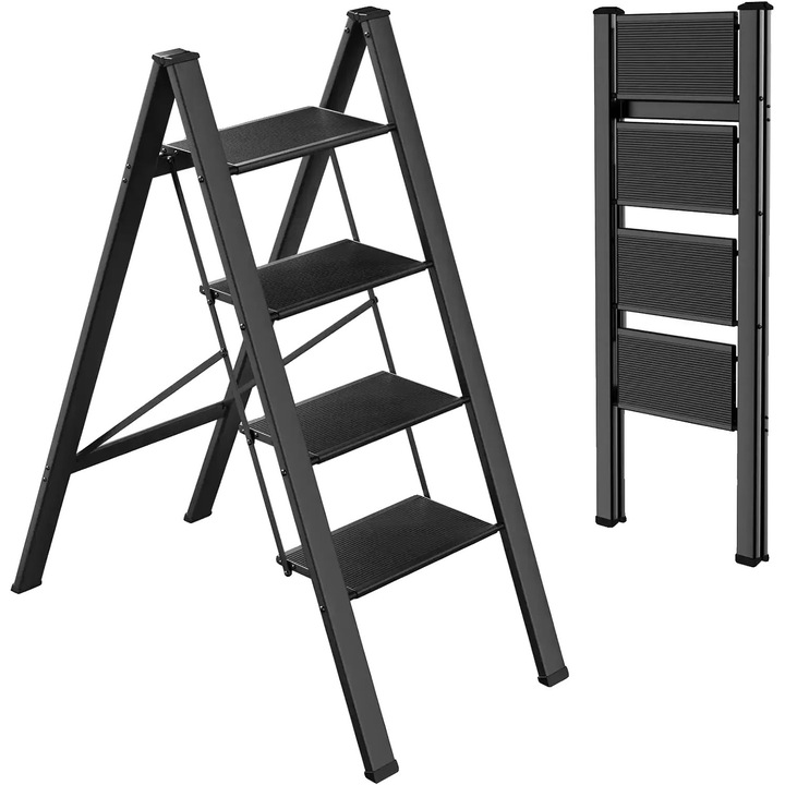 Könnyű, csúszásmentes kialakítású, fekete színű, 4 lépcsőfokkal ellátott lépcsőlétra