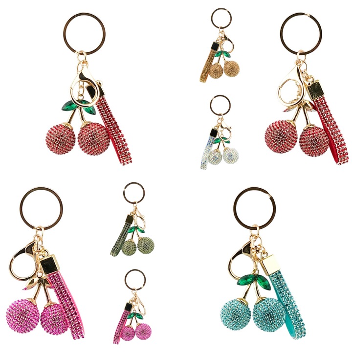 Műanyag kulcstartó cseresznye formájában, kristályokkal díszítve. 5x10 cm