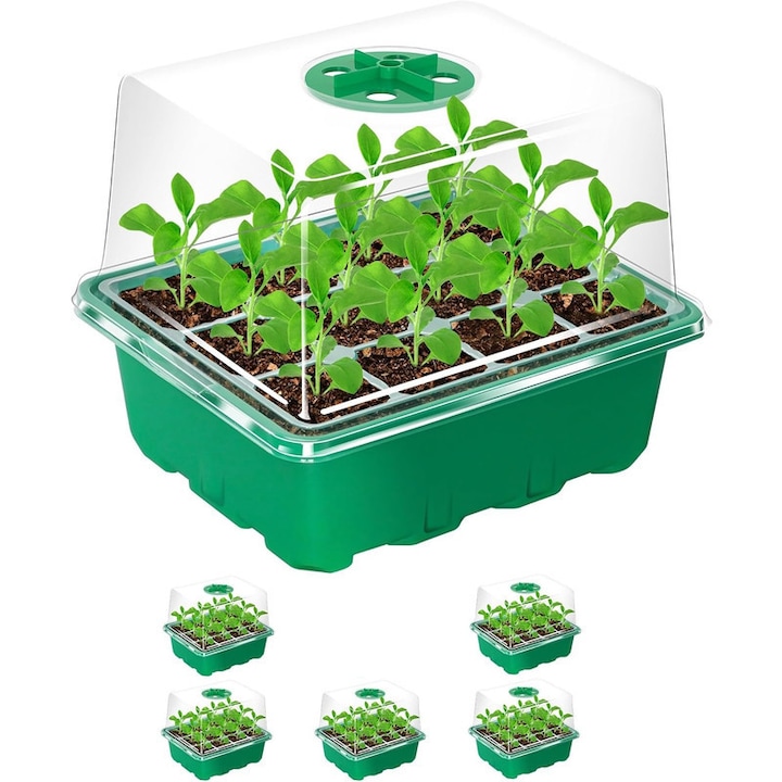Set 5 Tavi Germinat Seminte cu 60 Celule si Capac Inalt Reglabil, Transparent, Plastic