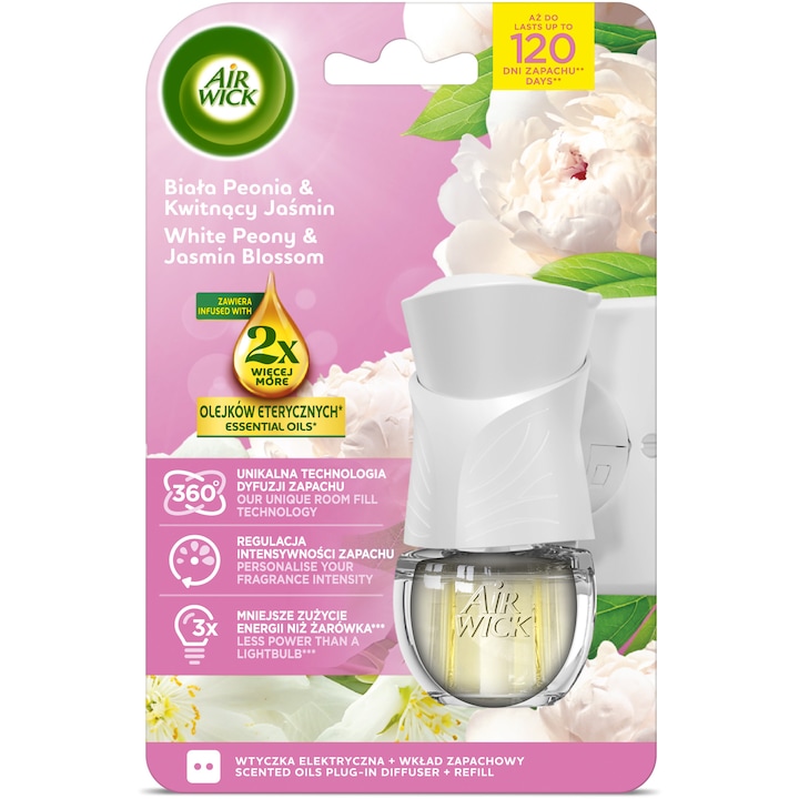 Odorizant de camera electric Air Wick Bujor Alb si Flori de Iasomie, 19ml