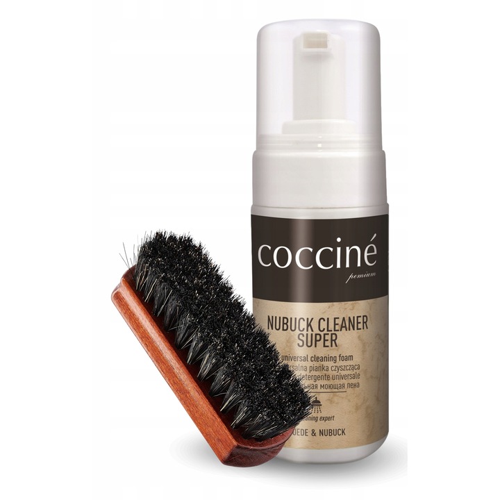 Set de curatare a incaltamintei, Coccine, Spuma de curatare din nubuc si piele intoarsa 100 ml + Perie de incaltaminte 12 cm, Inchis la culoare, 2 bucati, Peri naturali, Maner ergonomic, Indepartare eficienta a murdariei, Protectie a materialului