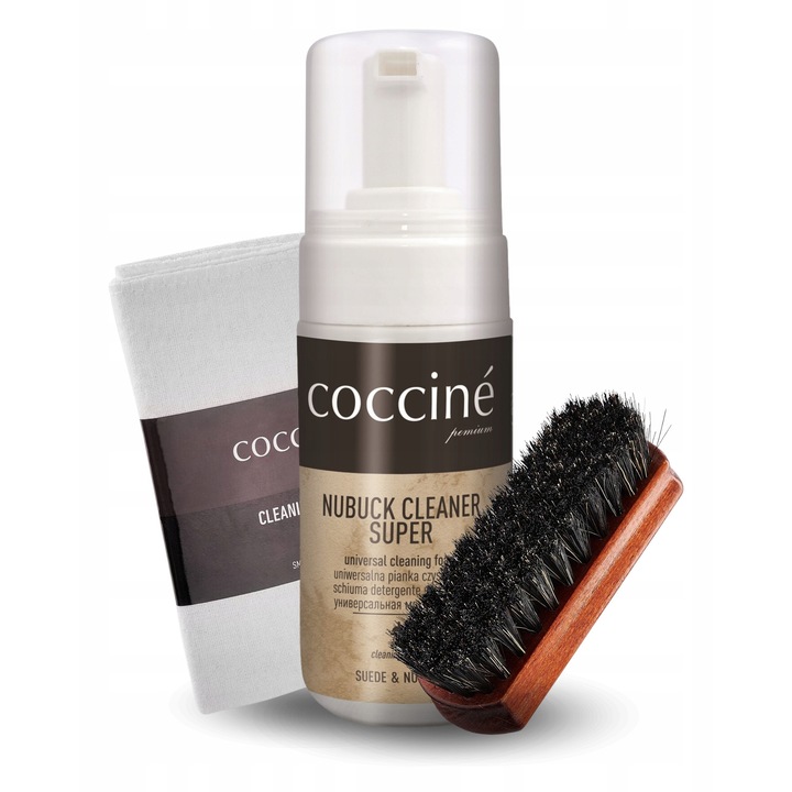 Kit de curatare a incaltamintei, Coccine, Perie 12 cm, 100 ml, spuma de curatare din nubuc si piele intoarsa, 1 x 100 ml solutie, Inchis la culoare, Material: peri naturali, Maner ergonomic din lemn, Calitate superioara a manoperei, Utilizare confortabila