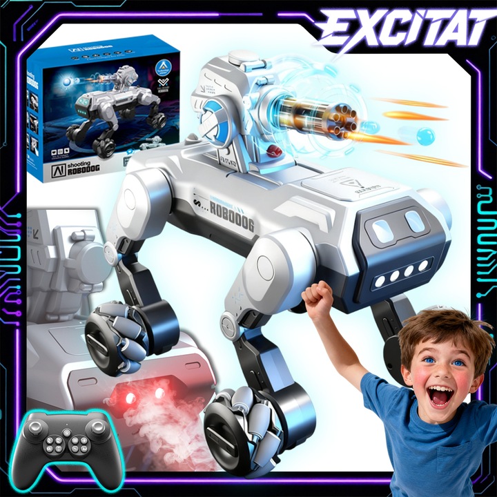 Caine robot inteligent, Excitat®, Caine Robot Razboinic, cu Telecomanda, Programabil, Interactiv, Cu Tun ce Trage Gloante Soft si Produce Ceata, 2 Moduri de Atac, 28cm, 3 ani+, ABS, Argintiu