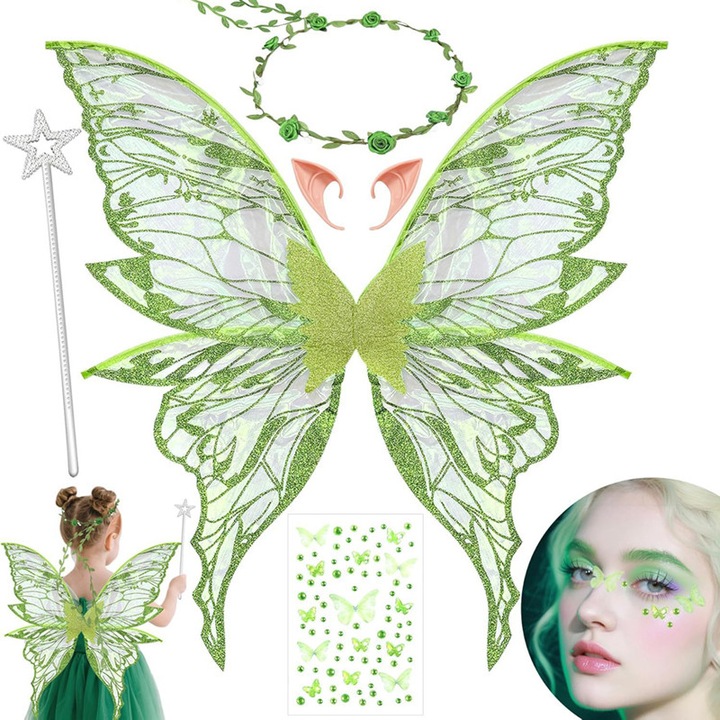 Set Aripi de inger fluture verde, BOMSTOM, Adulti si copii, cu aripi, bagheta, ghirlanda, urechi si Autocolante cu diamante, 80* 75cm