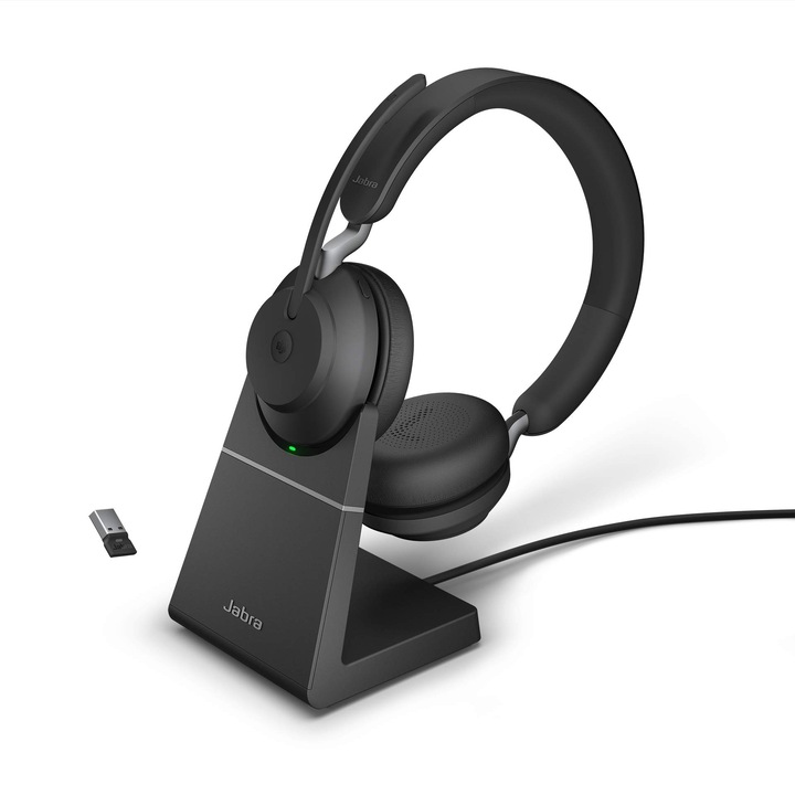 Casti Wireless Jabra Evolve2 65, negre, cu suport de încărcare, adaptor Bluetooth Usb-A
