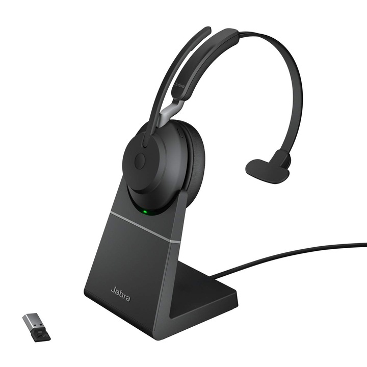 Jabra Evolve2 65 mono vezeték nélküli fejhallgató, zajszűrős, fekete, töltőállvánnyal