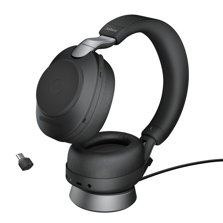 Jabra Evolve2 85 vezeték nélküli fejhallgató töltőállvánnyal, fekete, fülbe helyezhető