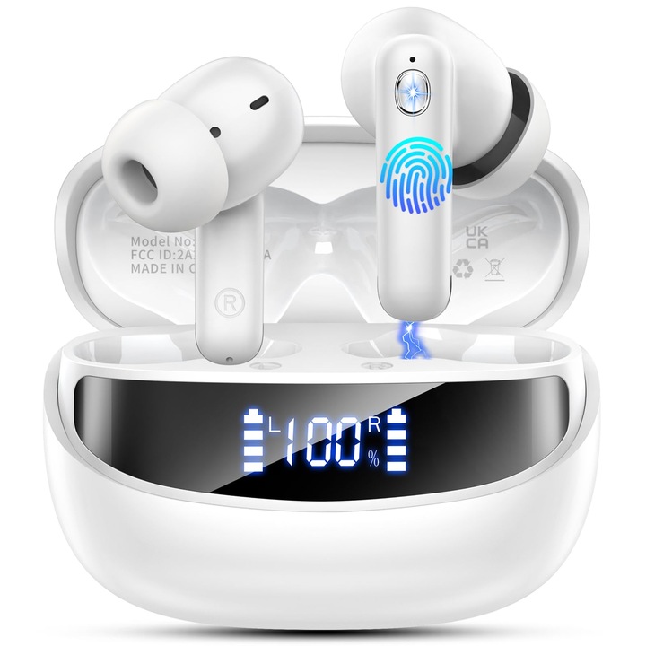 Casti Wireless Nerunsa, Bluetooth 5.4, impermeabile IP7, 50 ore redare, alb