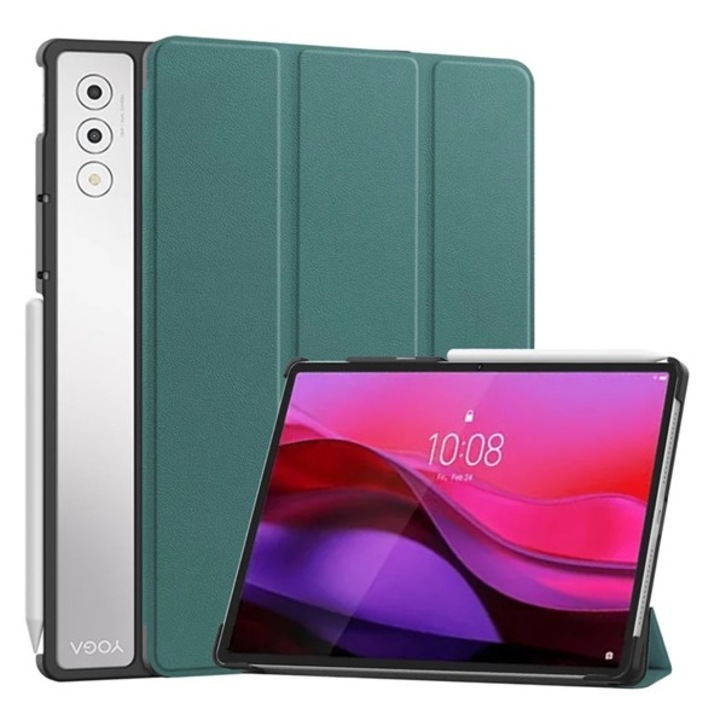 Gigapack tabletvédő álló, bőr hatású, aktív flip, oldalra nyíló, trifold, asztali tartó, sötétzöld, kompatibilis: Lenovo Yoga Tab Plus, TB520FU