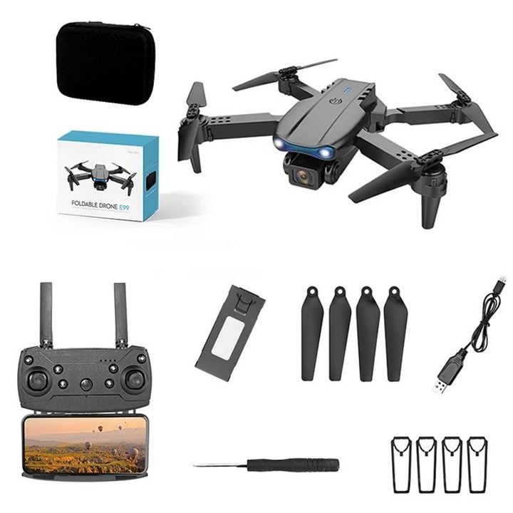 Комплект дрон, ZOUN, HD, двойна леща, дистанционно управление, включва части за ремонт и подмяна, 2 батерии, 1800 mAh, сгъваем дизайн, черен