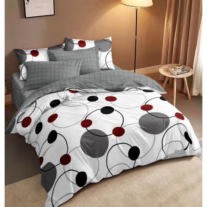 Lenjerie de Pat, Bumbac Satinat, 7 Piese, 1 Persoana, 225x250cm, Imprimeu Cercuri, Multicolor