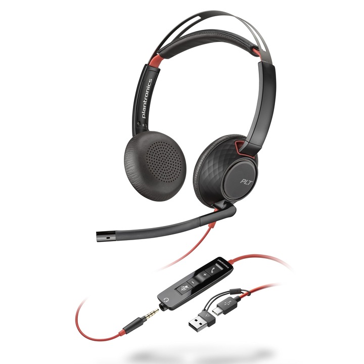 Casti cu fir Poly Blackwire 5220, conectare USB-C, design ergonomic, anulare zgomot, negru
