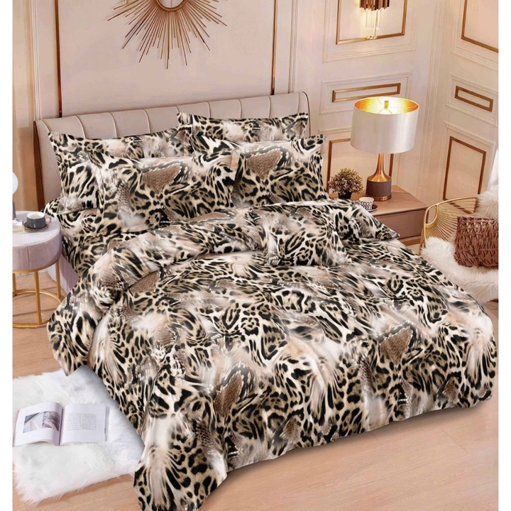 Set Lenjerie de pat dublu, 2 persoane, Pucioasa, Bumbac, 6 Piese, Cearceaf de pat 240 x 250 cm, Cearceaf pilota cu Doua Fete 200 x 230 cm, 2 fete de perna 70 x 70 cm, 2 fete de perna 55 x 75 cm, Cappuccino/Maro, Model Animal Print, FFP-0120