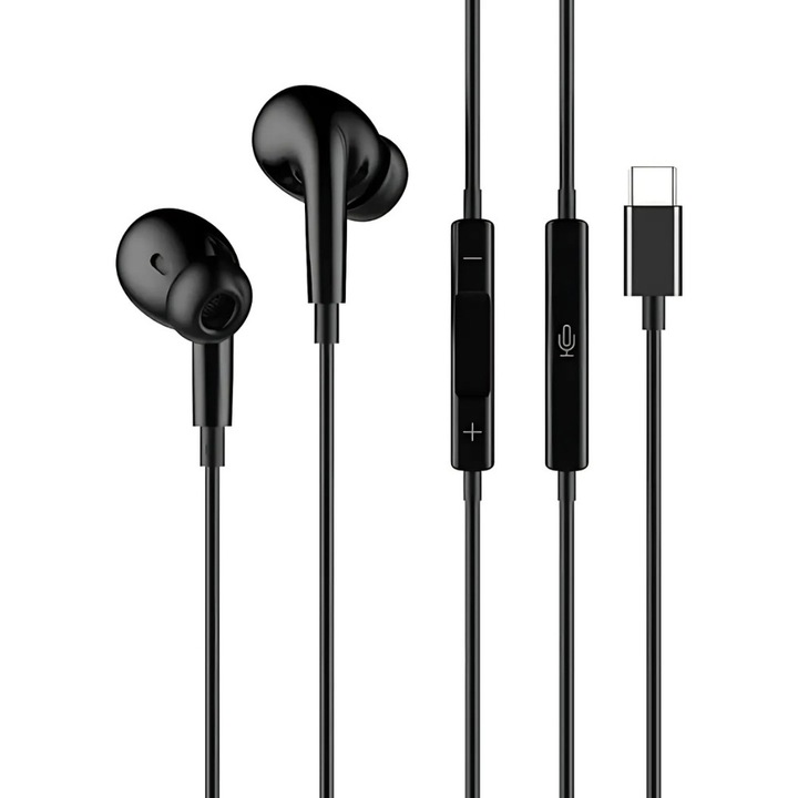 Casti cu Fir DigikalaX@, In-ear, Silicon Dopuri, Microfon & Control Volum, Mufa Type-C, Sunet Clar si Puternic, Negru