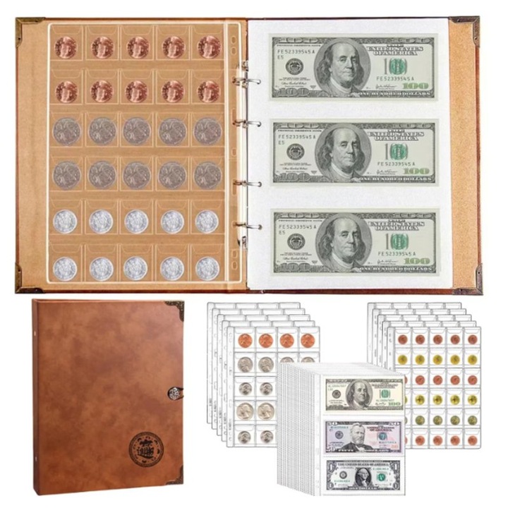 Албум за колекциониране на монети/банкноти, ZOUN, може да съхранява до 240 банкноти и 150 монети, 30 см × 24 см × 4 см, водоустойчив, прозрачни PVC вътрешни страници, с подвижни листове, кафяв