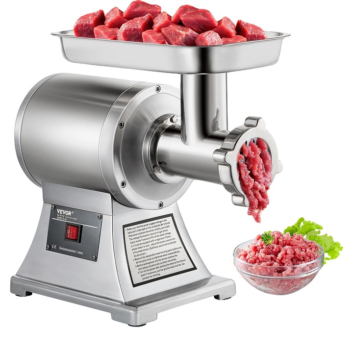 Masina de tocat carne, 1100 W, 250 kg/h, inox, 448x210x387 mm, set cu pusher si placi de tocat