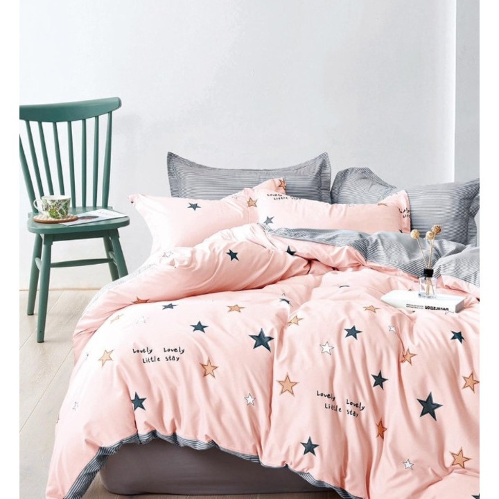 Lenjerie de Pat, Bumbac Satinat, 7 Piese, 1 Persoana, 225x250cm, Imprimeu Stele, Roz-Gri