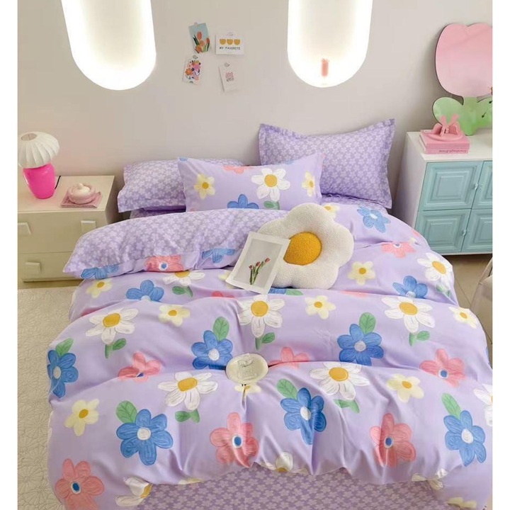 Set Lenjerie de pat dublu, 2 persoane, Pucioasa, Bumbac, 6 Piese, Cearceaf de pat 240 x 250 cm, Cearceaf pilota cu Doua Fete 200 x 230 cm, 2 fete de perna 70 x 70 cm, 2 fete de perna 55 x 75 cm, Lila/Multicolor, Model Floral, FFP-0121
