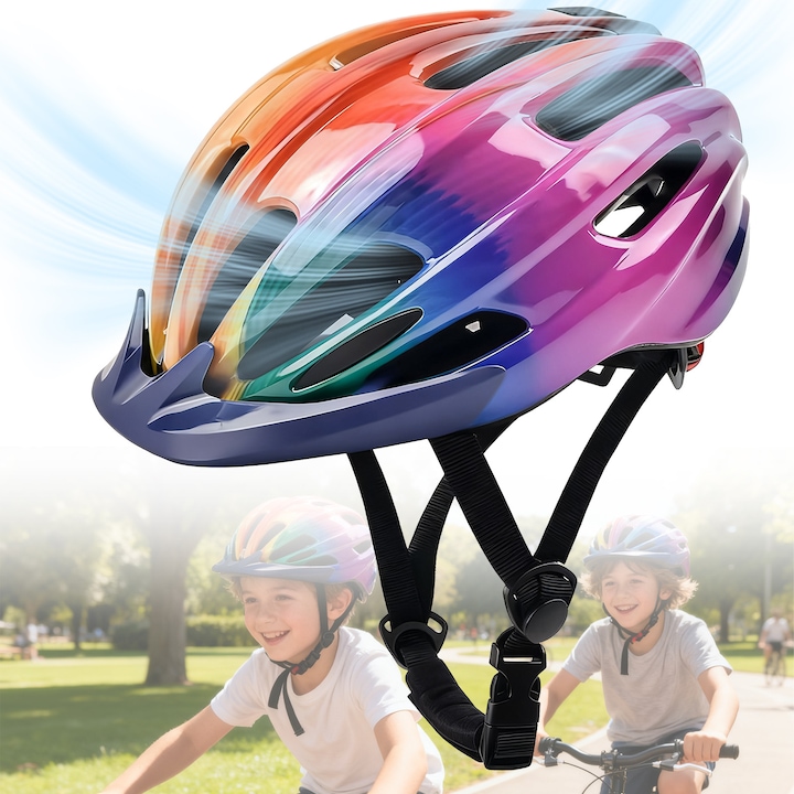 Casca Protectie Copii, YeeLei®, cu Lumina Spate, Viziera, Ventilata, pentru Copii 5-13 Ani, pentru Ciclism, Patinaj, Skateboard, 50-57cm, Multicolor