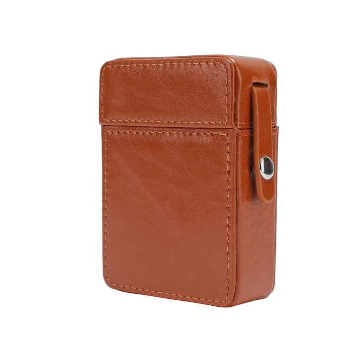 Кутия за цигари TodyJeyHo, метал и кафява кожа, капацитет 20 цигари, 7.5x10.5x3.5см